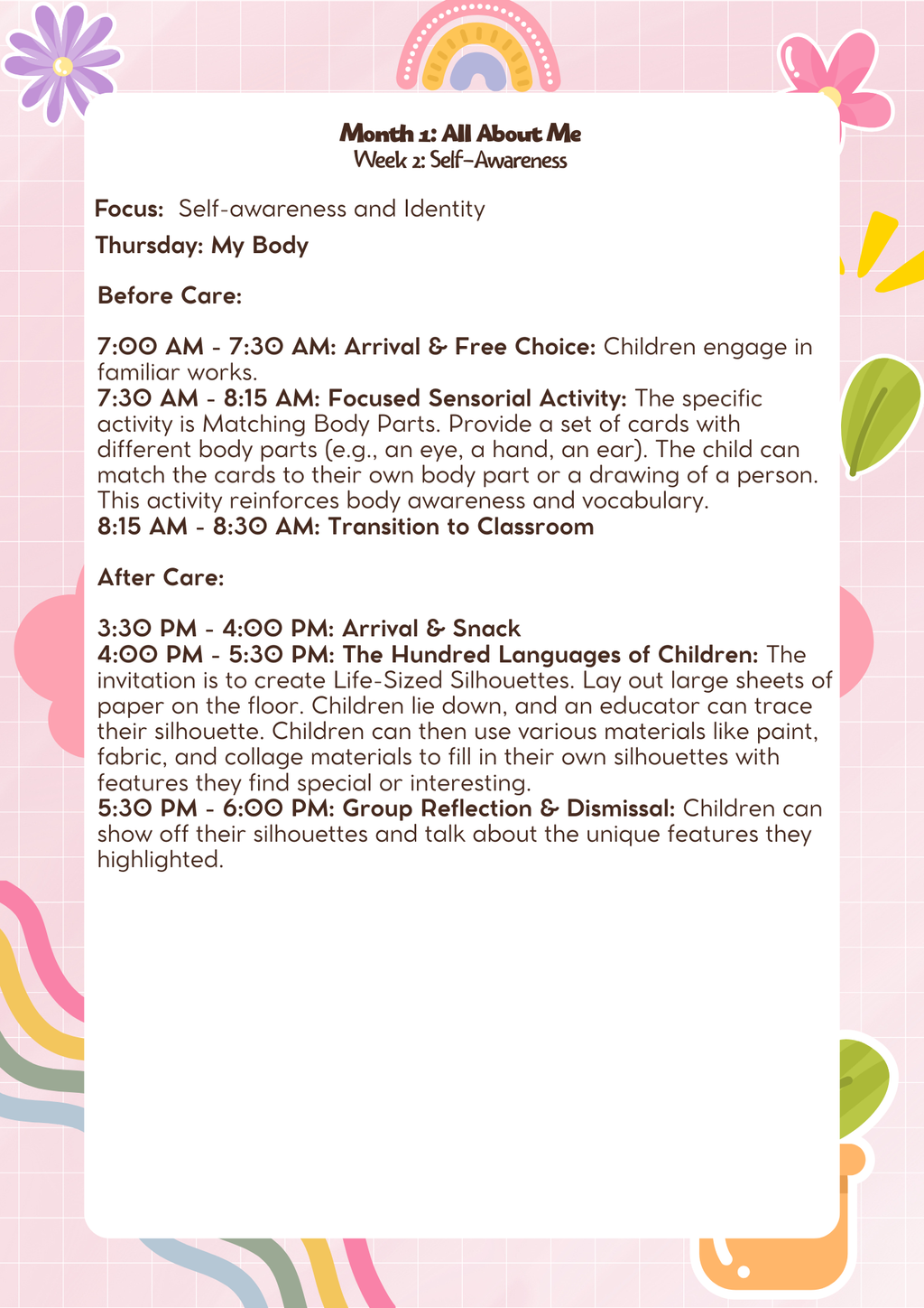 Kindergarten: Lesson Plan: All About Me (Month 1) | Everyday Play N Learn Curriculum Series