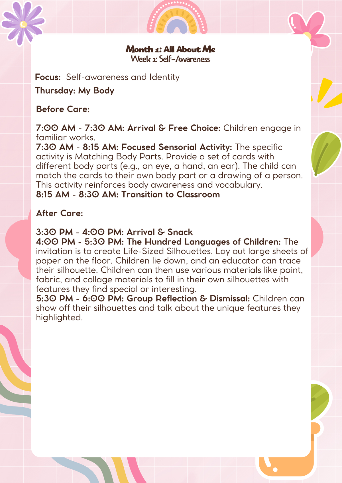 Kindergarten: Lesson Plan: All About Me (Month 1) | Everyday Play N Learn Curriculum Series