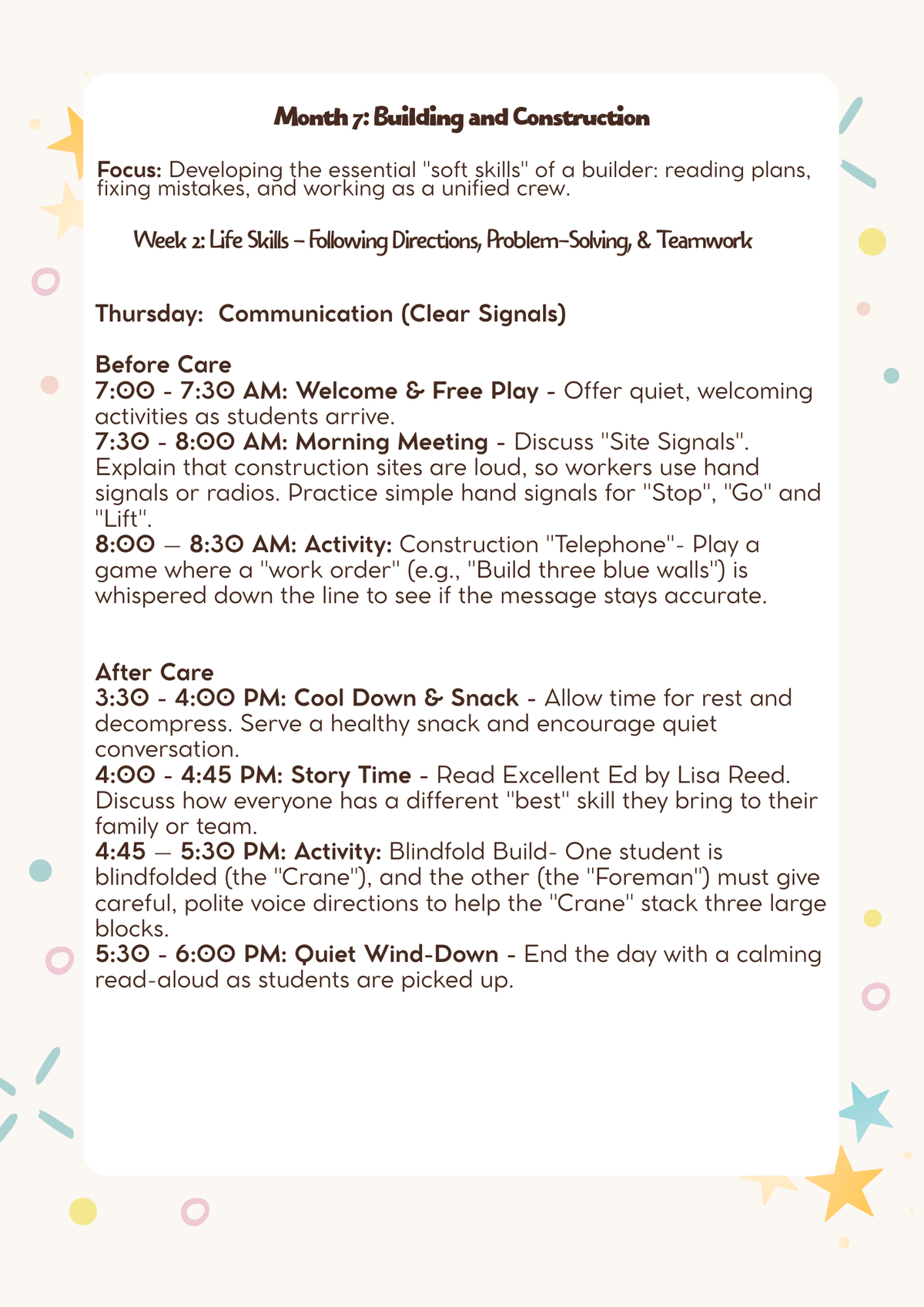 1st & 2nd Grade After-School & Before-Care Curriculum: Month 7 (March) - Building & Construction