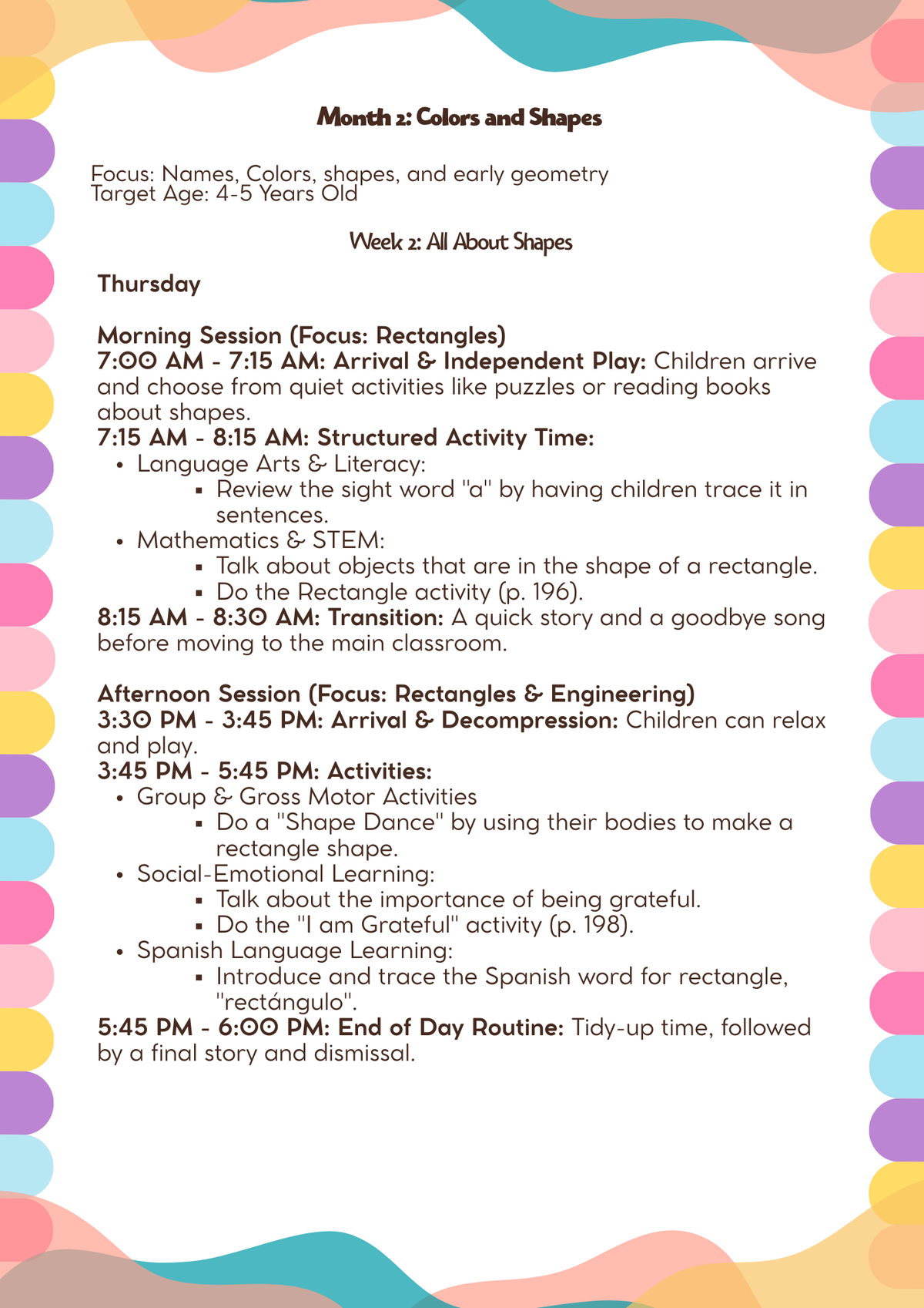 4–5 Years Old= Lesson Plan: Colors & Shapes (Month 2) | Everyday Play N Learn Curriculum Series