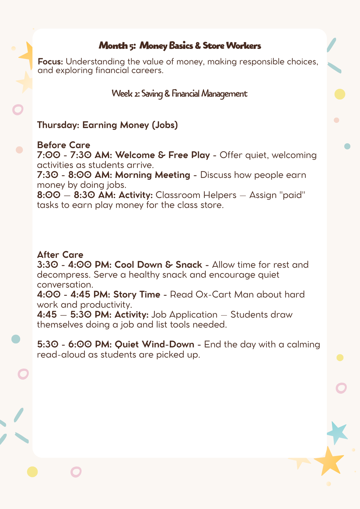 1st & 2nd Grade After-School & Before-Care Curriculum: Month 5 (January) - Money Basics & Store Workers | Learn & Grow Series