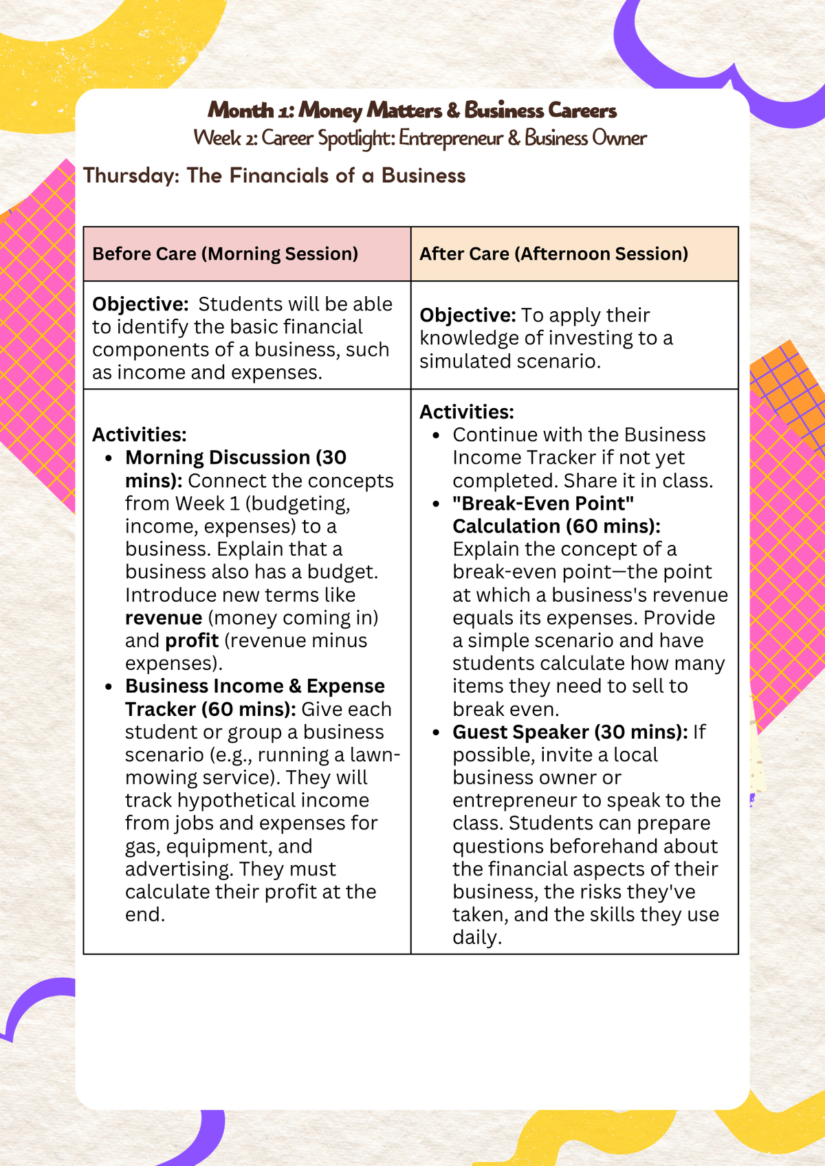 6th–7th Grade- Lesson Plan: Money Matters & Business Careers (Month 1) | Everyday Play N Learn Curriculum Series