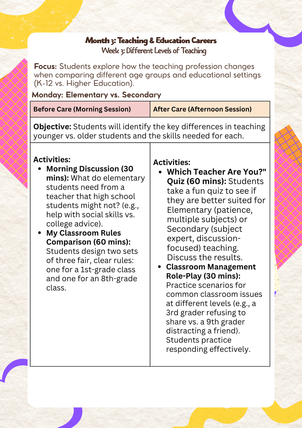 6th–7th Grade- Lesson Plan: Teaching & Education Careers (Month 3) | Everyday Play N Learn Curriculum Series