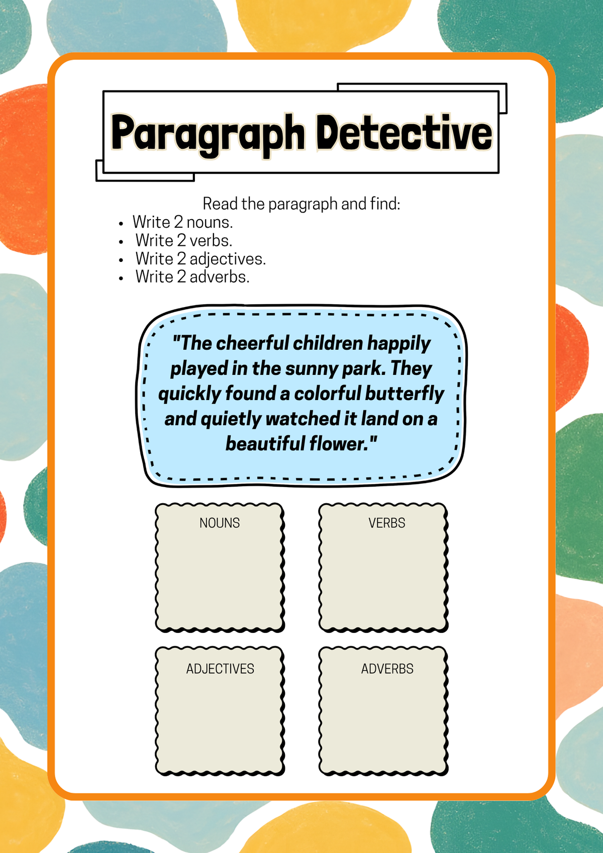 Parts of a Speech Detective Activity Pack (Grades 3-5) | Nouns, Verbs, Adjectives & Adverbs Grammar Worksheets
