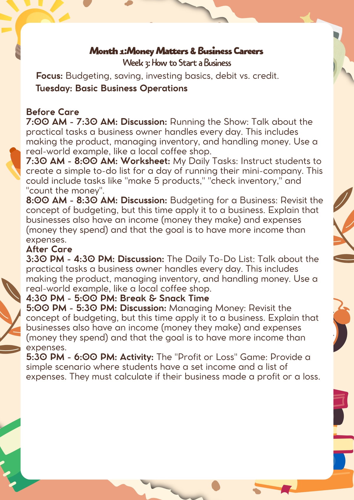 6th–7th Grade: Lesson Plan: Money Matters & Business Careers (Month 1) | Everyday Play N Learn Curriculum Series