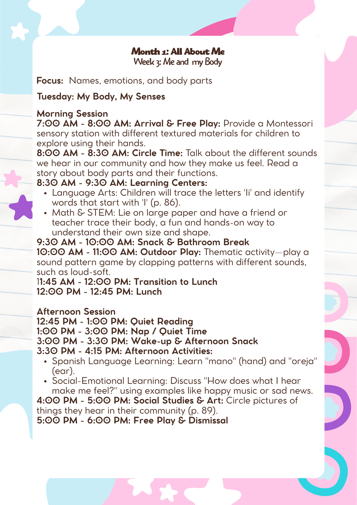3–4 Years Old: Lesson Plan: All About Me (Month 1) | Everyday Play N Learn Curriculum Series