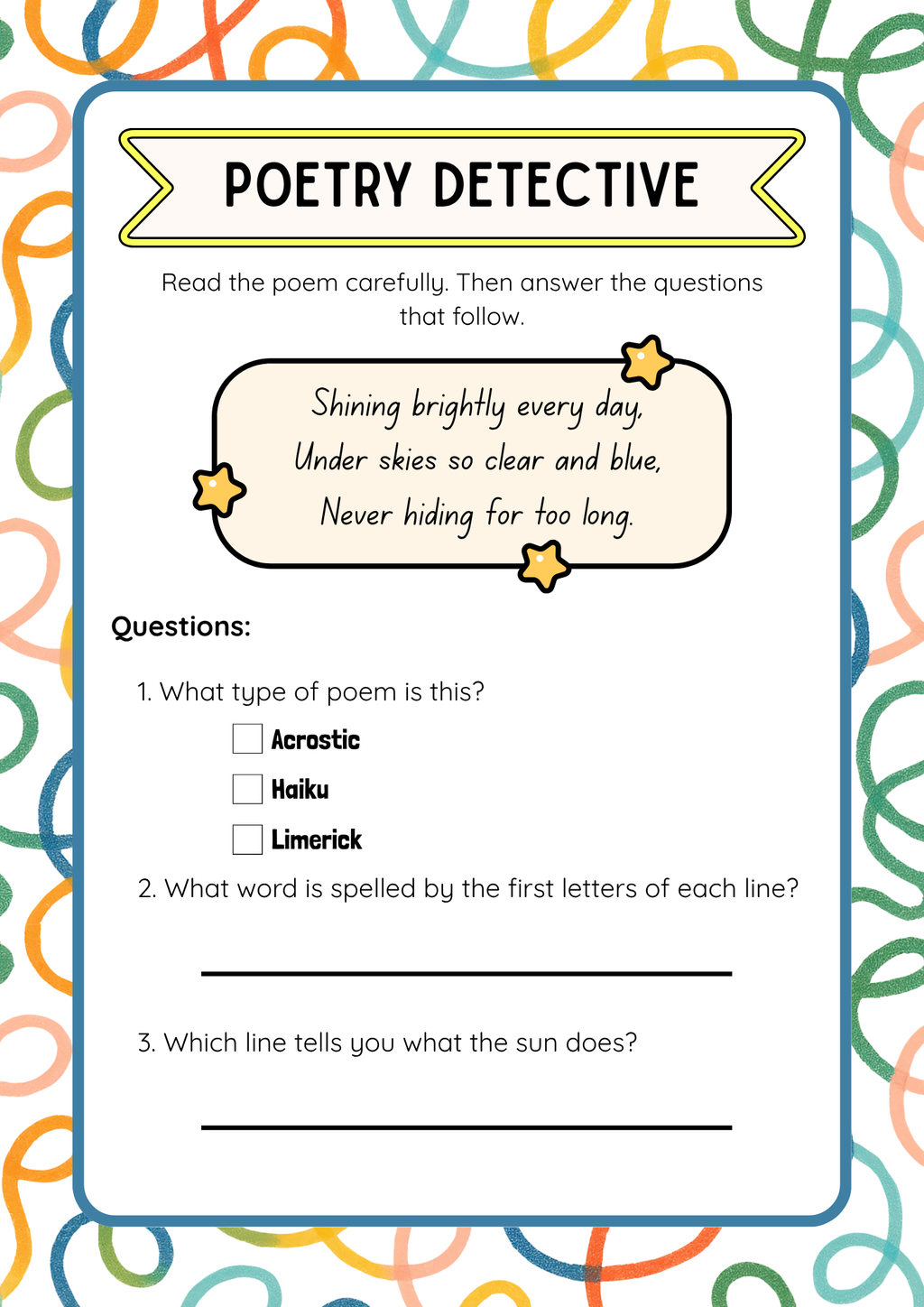 Poetry Exploration Activity Pack (Grades 3-5) | Acrostic, Haiku & Limerick Worksheets