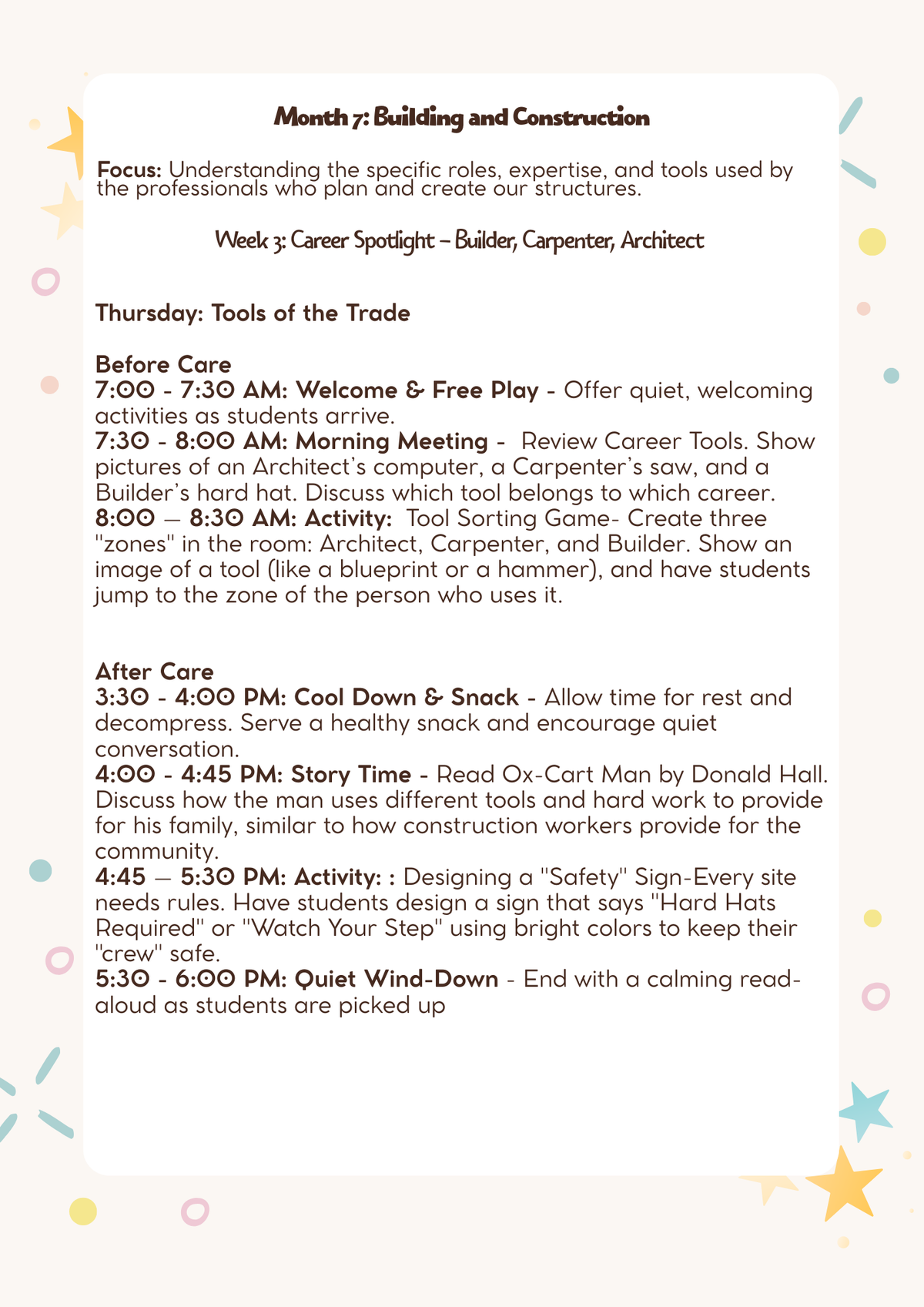 1st & 2nd Grade After-School & Before-Care Curriculum: Month 7 (March) - Building & Construction