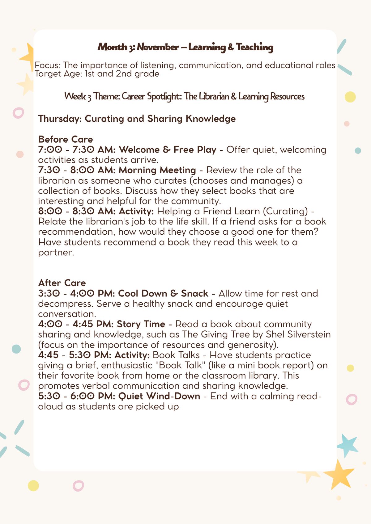 1st–2nd Grade- Lesson Plan: Learning & Teaching (Month 3)   | Everyday Play N Learn Curriculum Series