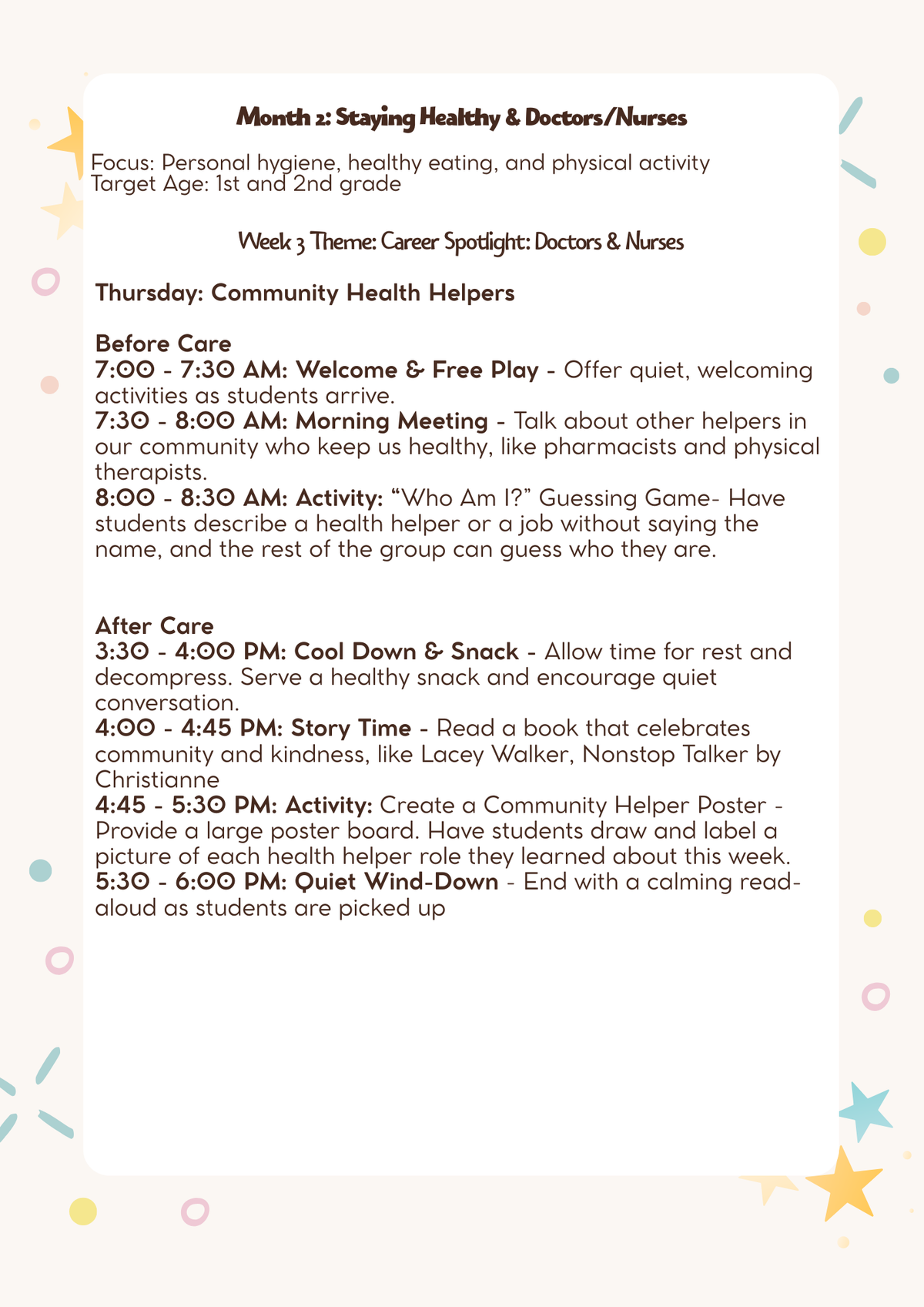 1st–2nd Grade: Lesson Plan: Staying Healthy & Doctors/Nurses (Month 2)   | Everyday Play N Learn Curriculum Series