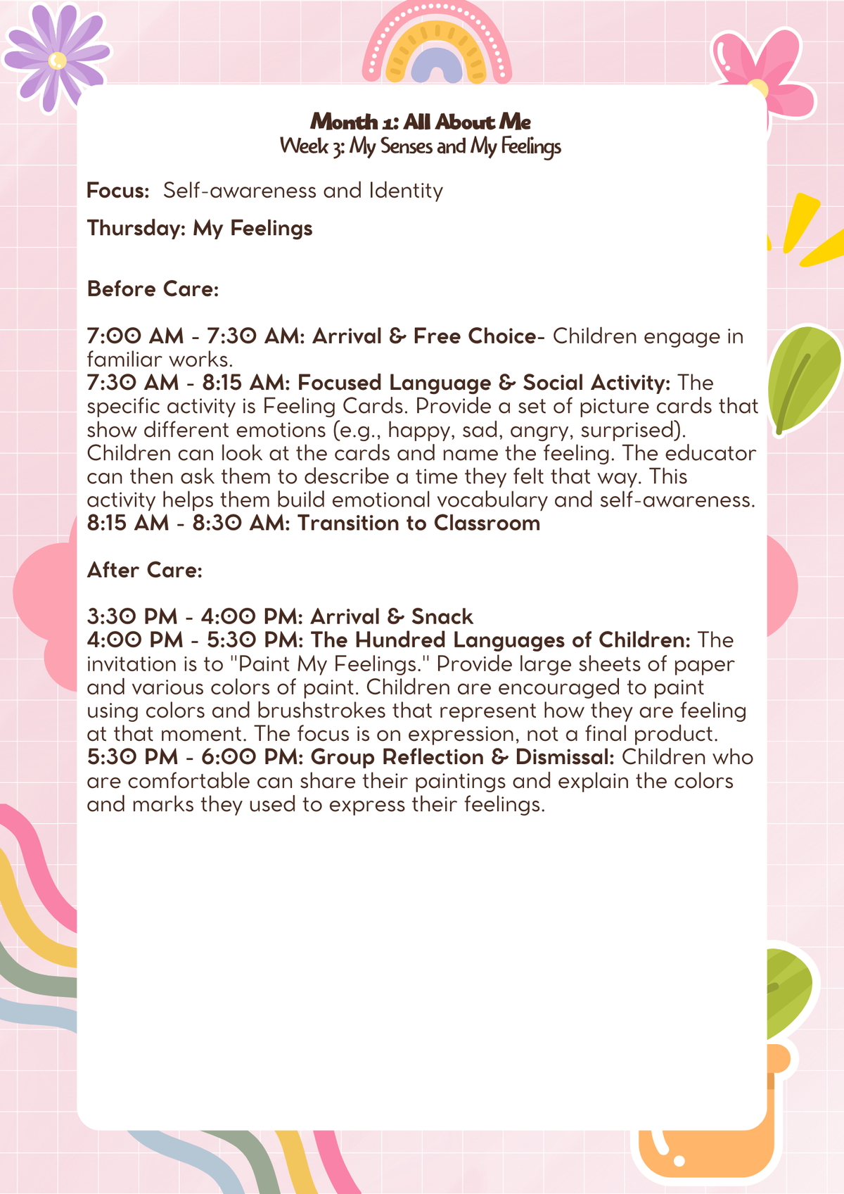 Kindergarten: Lesson Plan: All About Me (Month 1) | Everyday Play N Learn Curriculum Series