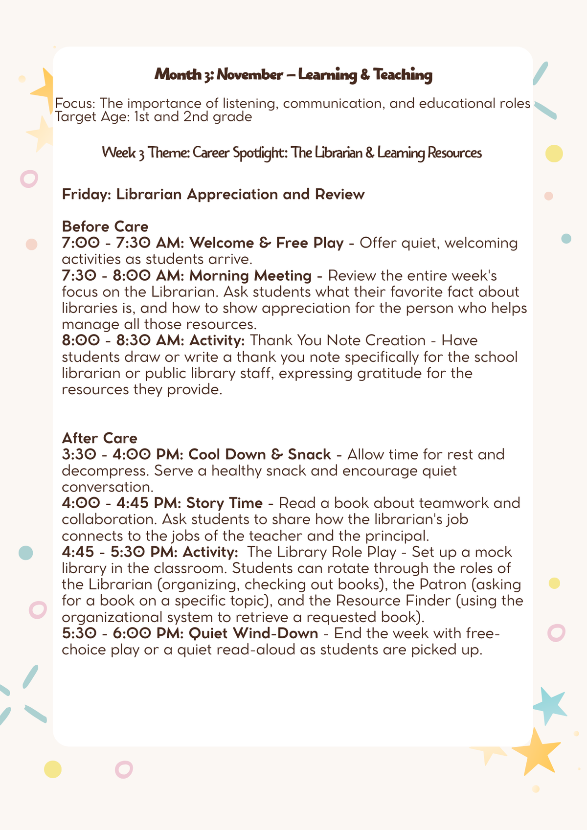 1st–2nd Grade- Lesson Plan: Learning & Teaching (Month 3)   | Everyday Play N Learn Curriculum Series