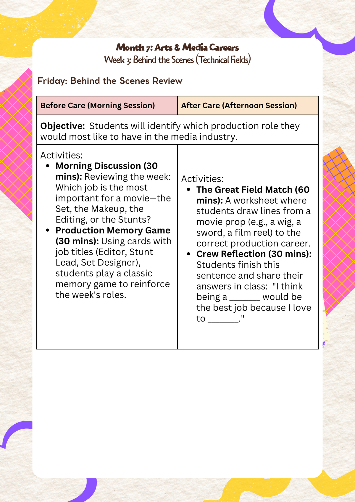 6th–7th Grade- Lesson Plan: Arts & Media Careers (Month 7) | Everyday Play N Learn Curriculum Series