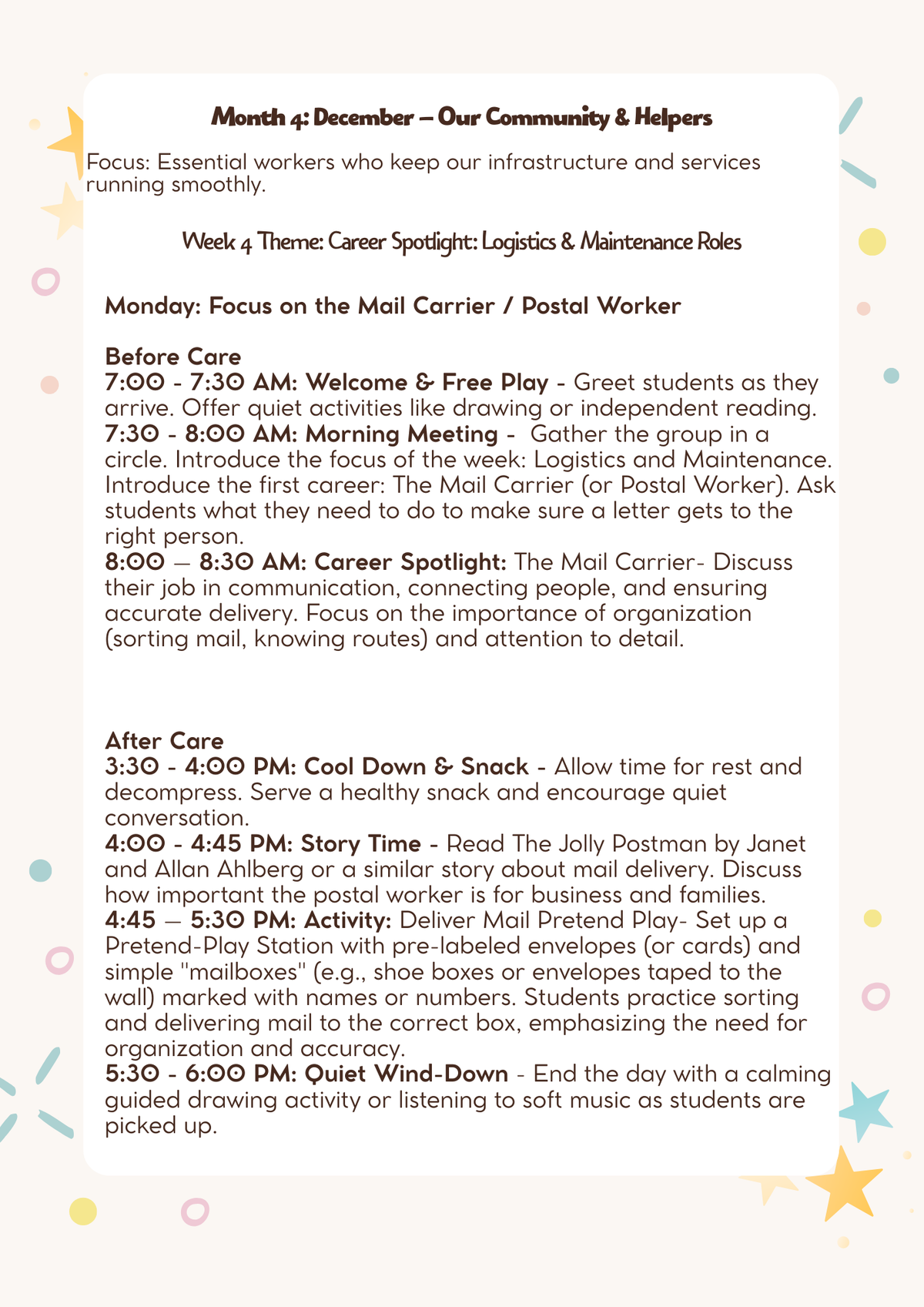 1st & 2nd Grade After-School & Before-Care Curriculum: Month 4 - Our Community & Helpers (December)