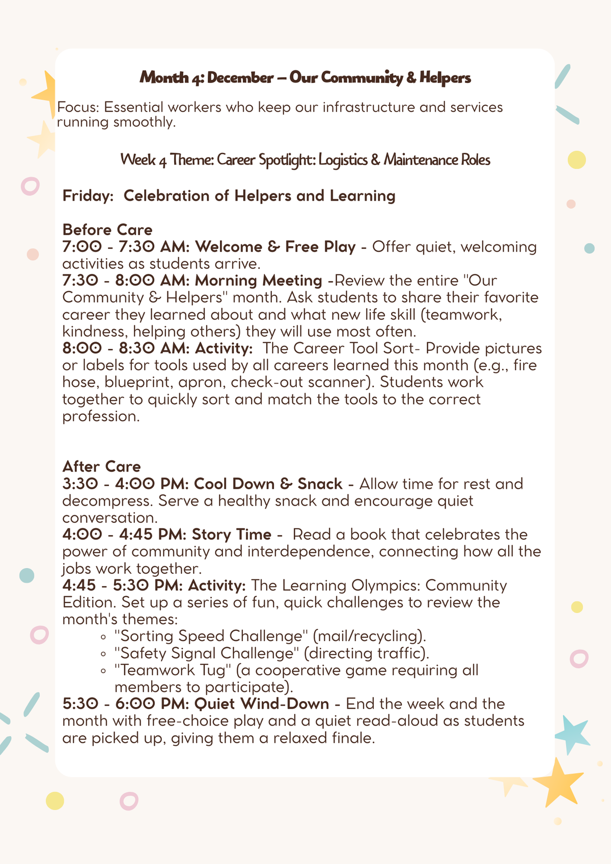 1st & 2nd Grade After-School & Before-Care Curriculum: Month 4 - Our Community & Helpers (December)
