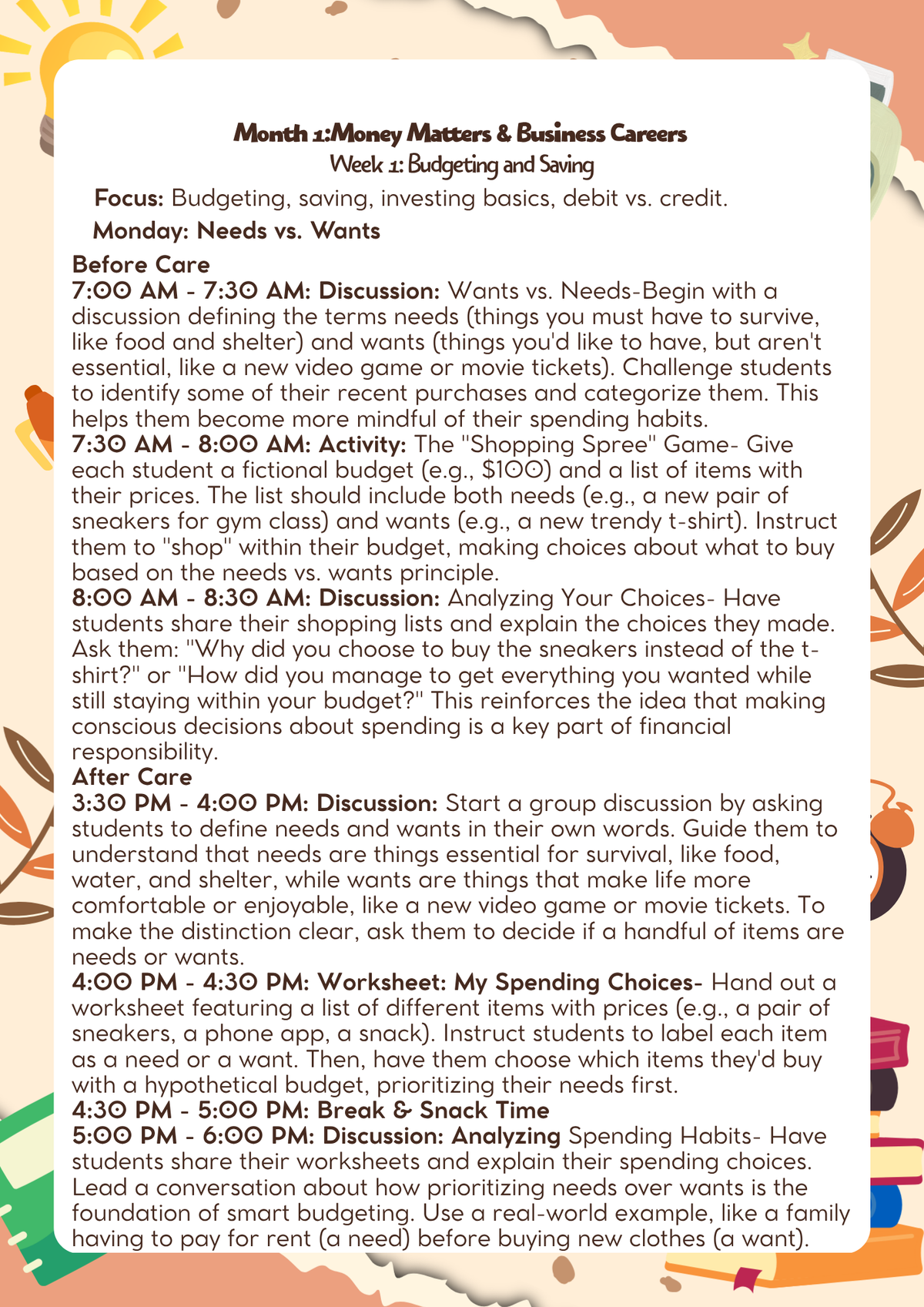 6th–7th Grade: Lesson Plan: Money Matters & Business Careers (Month 1) | Everyday Play N Learn Curriculum Series