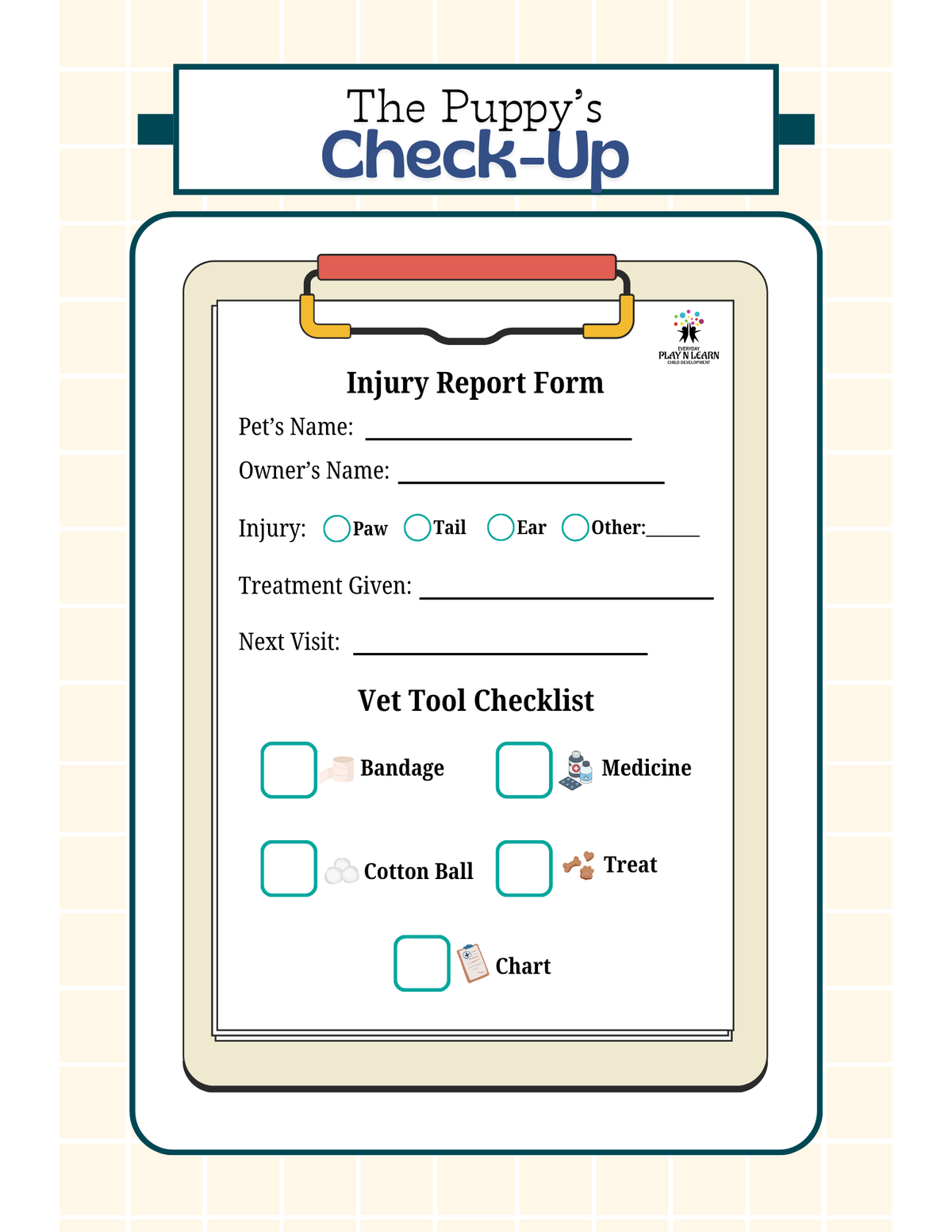 Paws and Claws Animal Clinic Pretend Play Pack | Printable Vet Role Play Worksheets & Medical Kit Printables