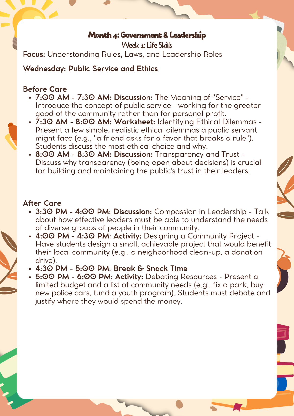 6th–7th Grade; Lesson Plan: Government & Leadership (Month 4) | Everyday Play N Learn Curriculum Series