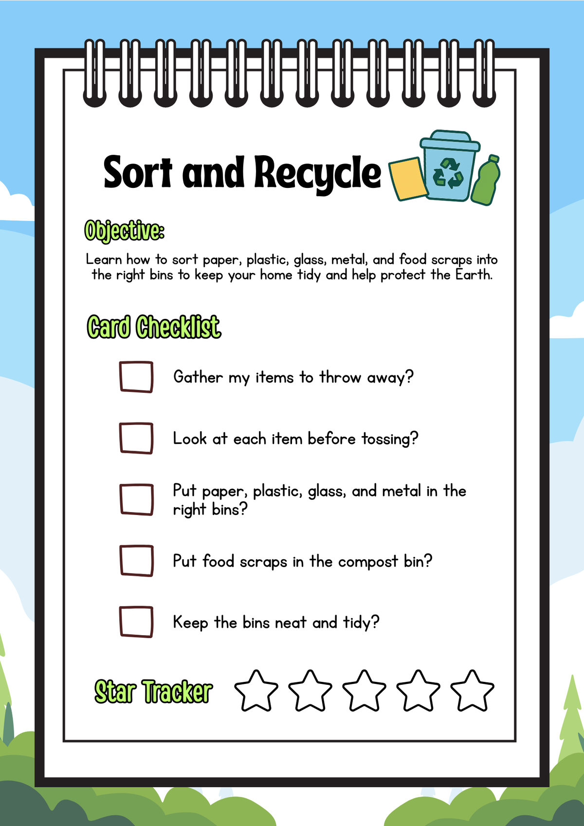 Sort and Recycle Life Skill Cards & Green Habits Tracker | Printable Recycling Flashcards for Kids