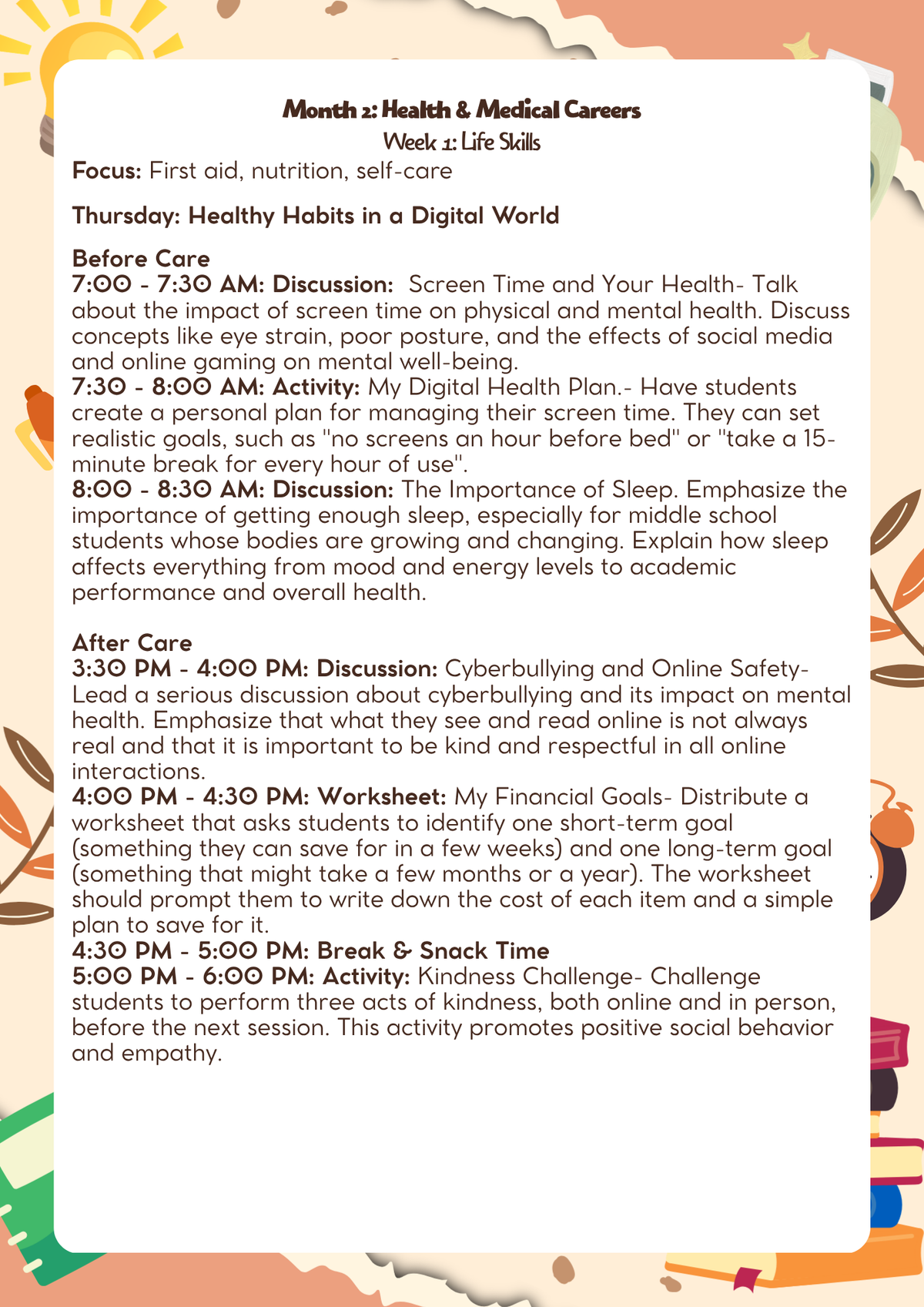 6th–7th Grade: Lesson Plan: Health & Medical Careers (Month 2) | Everyday Play N Learn Curriculum Series