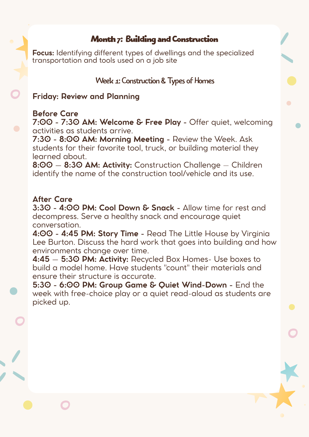 1st & 2nd Grade After-School & Before-Care Curriculum: Month 7 (March) - Building & Construction