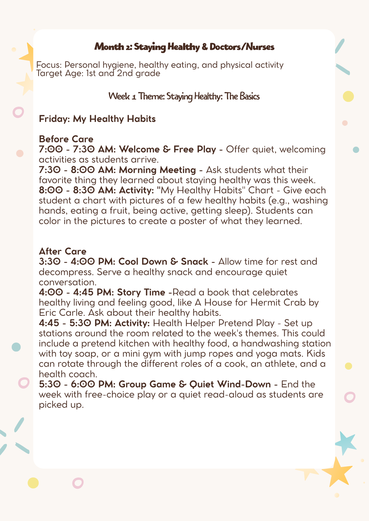 1st–2nd Grade: Lesson Plan: Staying Healthy & Doctors/Nurses (Month 2)   | Everyday Play N Learn Curriculum Series