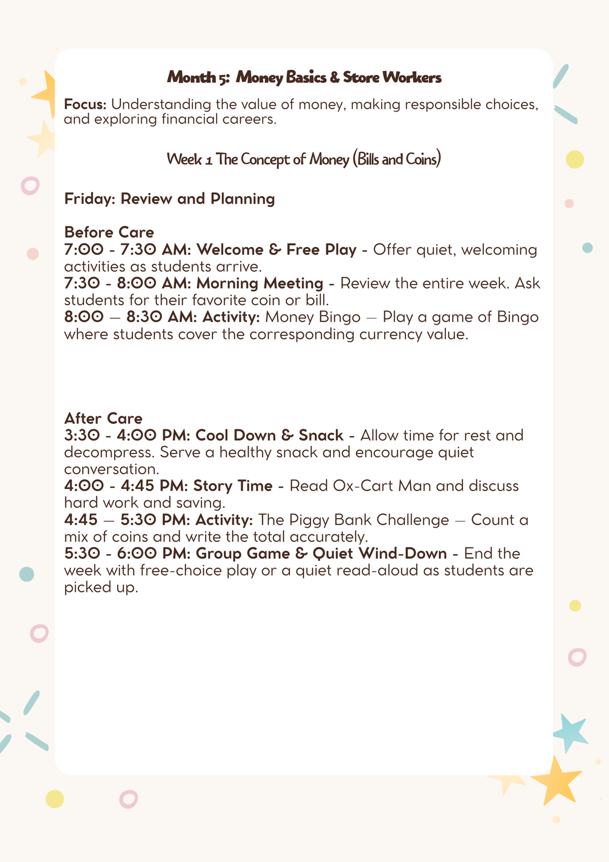 1st & 2nd Grade After-School & Before-Care Curriculum: Month 5 (January) - Money Basics & Store Workers | Learn & Grow Series