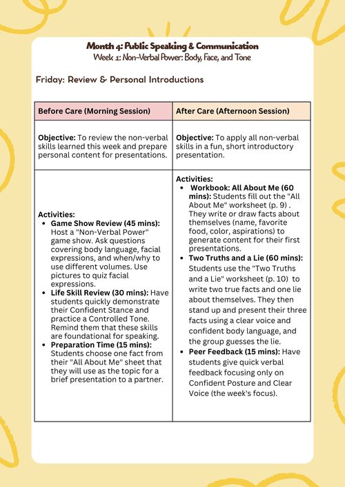 3rd–5th Grade- Lesson Plan: Public Speaking & Communication (Month 4) | Everyday Play N Learn Curriculum Series