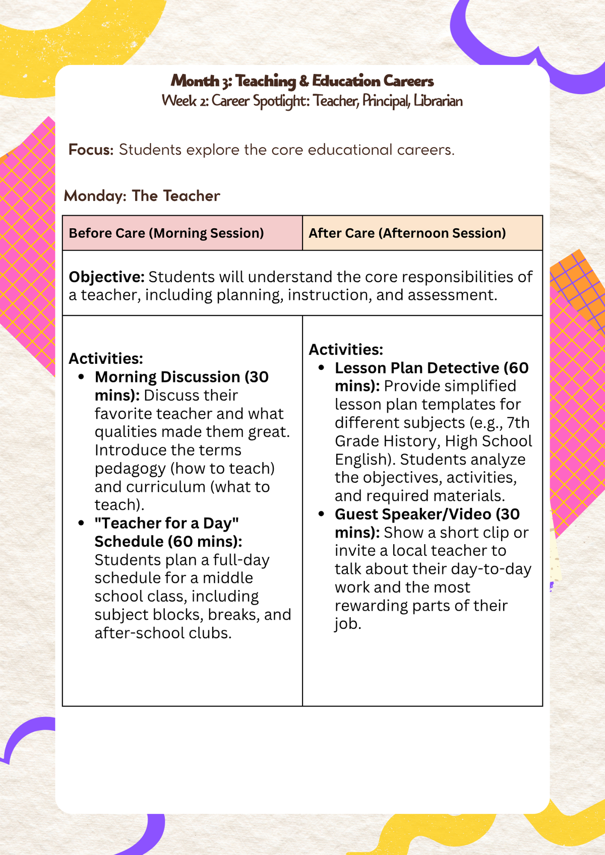6th–7th Grade- Lesson Plan: Teaching & Education Careers (Month 3) | Everyday Play N Learn Curriculum Series