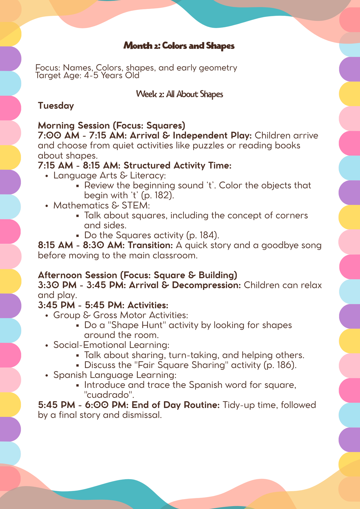 4–5 Years Old= Lesson Plan: Colors & Shapes (Month 2) | Everyday Play N Learn Curriculum Series