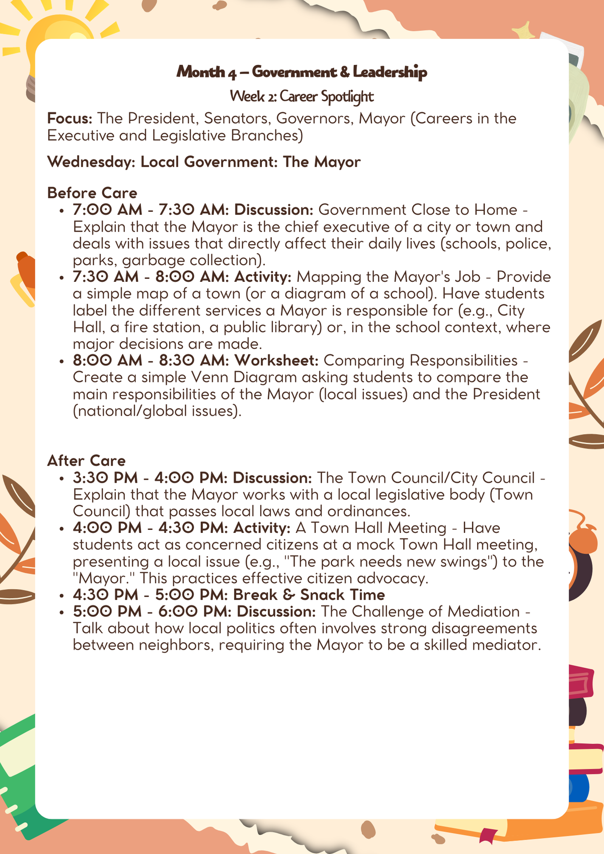 6th–7th Grade; Lesson Plan: Government & Leadership (Month 4) | Everyday Play N Learn Curriculum Series