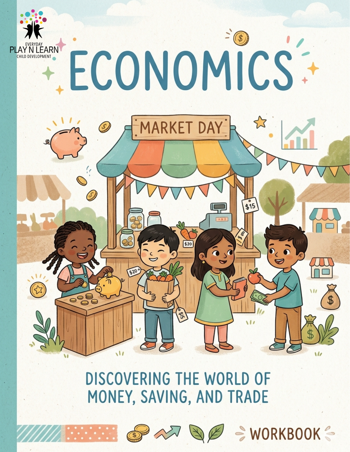 Everyday Play N Learn economics workbook cover with children at a market